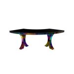 Reflection Serpentine rainbow table with black curved top and multicolor legs, statement serpentine dining table for modern event rentals and décor.