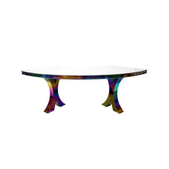 Reflection Serpentine rainbow table with white curved top and multicolor legs, curved serpentine dining table for weddings and luxury events.