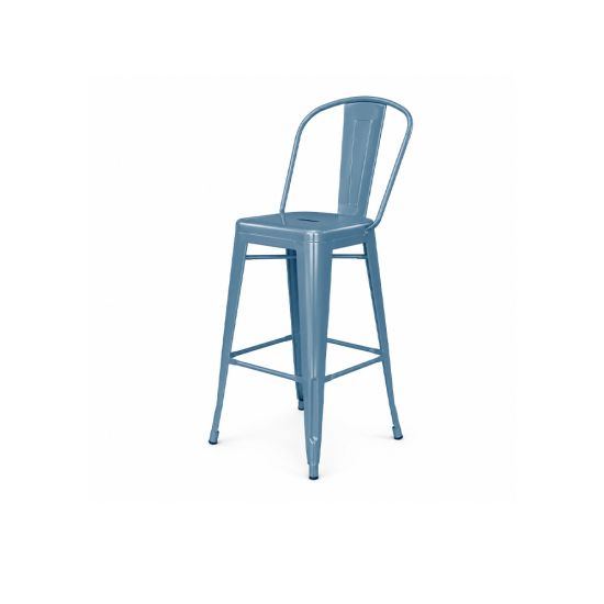 Periwinkle metal bar stool with backrest and foot-rail, urban industrial event seating for bar height tables