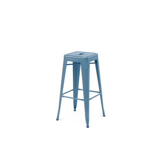 Urban Barstool PeriwinkleIndustrial periwinkle metal bar stool with square seat and four sleek legs featuring footrest, urban event seating solution.