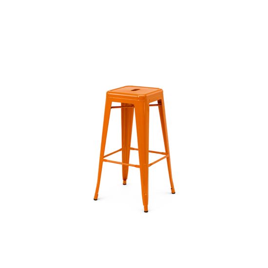 Industrial Orange metal bar stool with square seat and four sleek legs featuring footrest, urban event seating solution.