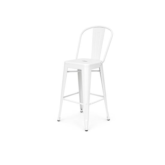 Urban white metal barstool with curved backrest and built-in footrest, modern industrial bar seating rental for events and parties.
