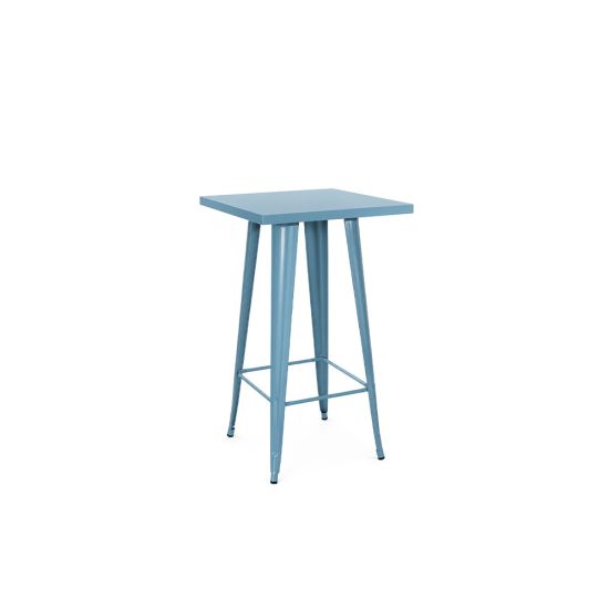 Urban cocktail table with blue steel finish and cylindrical base for event rental