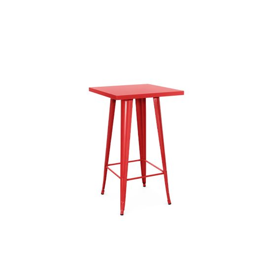Urban cocktail table with a red steel finish and cylindrical base for event rental.
