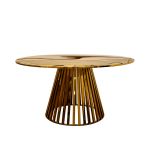 60" round bohemian dining table with gold tabletop and gold metal base, ideal for decorating boho chic events and receptions.
