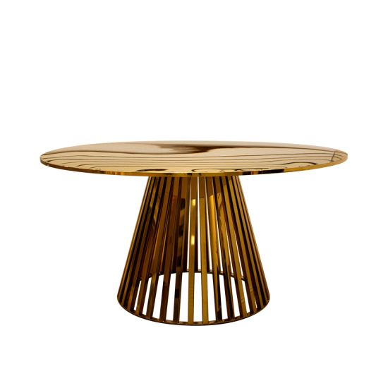 60" round bohemian dining table with gold tabletop and gold metal base, ideal for decorating boho chic events and receptions.