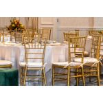 Gold resin Chiavari chair with Light Pink  cushion seat, spindled high back and slim four-leg frame, elegant event seating
