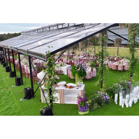40′x100′ cathedral tent with black frame and clear top canopy for outdoor weddings and upscale event rentals