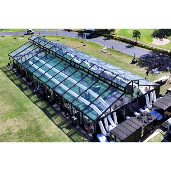 40′x100′ cathedral tent with black frame and clear top canopy for outdoor weddings and upscale event rentals