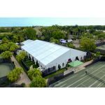 100'x50' heavy-duty event tent with silver frame and white pitched roof, large open-sided structure displayed in product rendering with visible support framing
