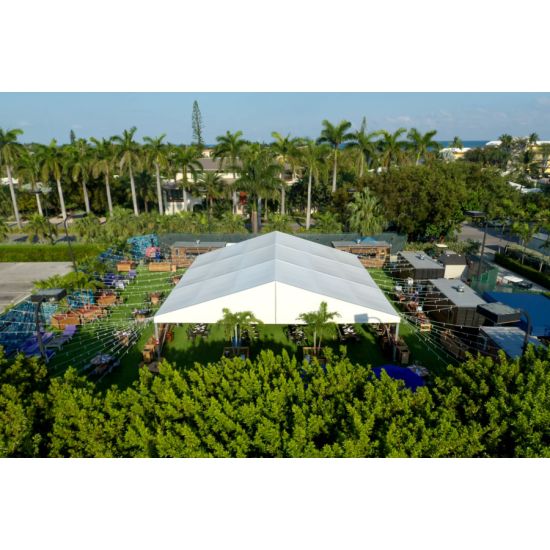 82'x16.6' heavy-duty event tent with silver frame and white pitched roof, open-sided structure displayed in product rendering with visible support framing