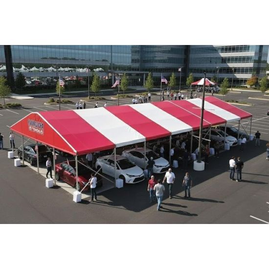 40'x90' curved event tent with black frame and red arched roof, open-sided modern structure displayed in product rendering with visible support beams