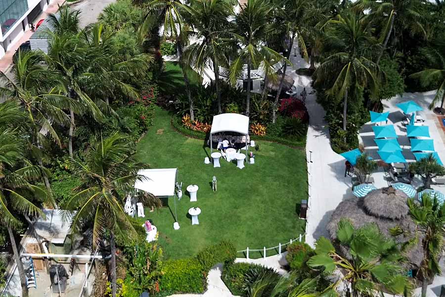 Aerial view of garden event with white canopy tents and cocktail tables among palm trees.