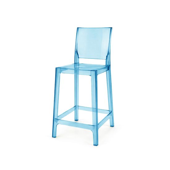 Transparent blue acrylic ghost bar stool with square backrest and built-in footrest, modern bar-height stool for kitchen island, counter seating, or bar area.