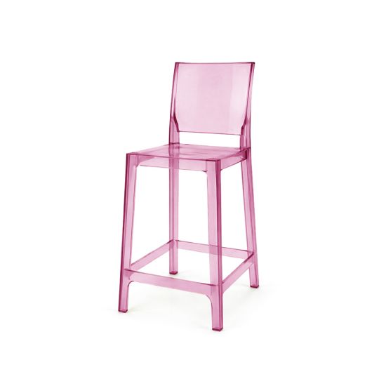 Transparent pink acrylic ghost bar stool with square backrest and built-in footrest, modern bar-height stool for kitchen island, counter seating, or bar area.