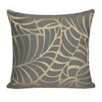 Dark gray throw pillow with gold tropical leaf outline pattern, bold botanical accent cushion for modern lounges and event décor styling.