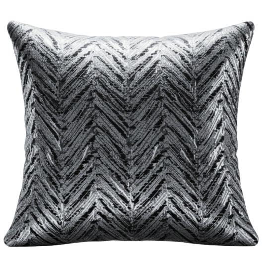 Gray throw pillow with chevron and arrow-style textured pattern, modern accent cushion for event lounges and décor styling.