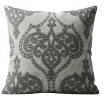 Gray throw pillow with damask-inspired ornamental pattern, classic accent cushion for weddings and elegant lounge décor styling.