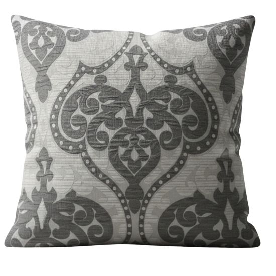 Gray throw pillow with damask-inspired ornamental pattern, classic accent cushion for weddings and elegant lounge décor styling.