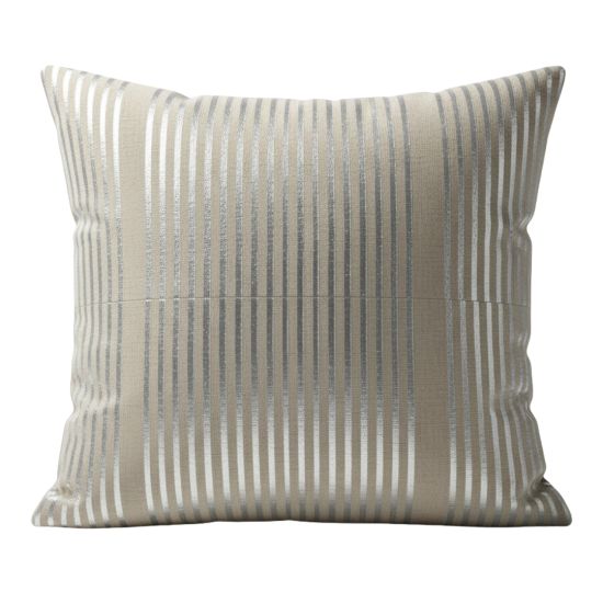 Light beige throw pillow with subtle vertical stripe grid texture, neutral accent cushion for weddings and modern lounge décor styling.