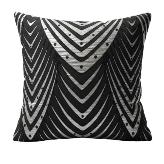 Black and silver throw pillow with art deco fan and chevron pattern, bold glam accent cushion for modern lounge décor styling.
