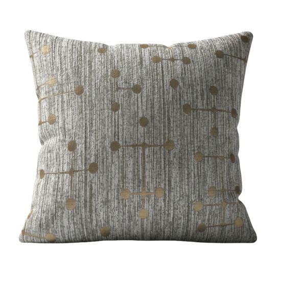 Gray throw pillow with vertical texture and small gold dot accents, modern glam accent cushion for weddings and lounge décor styling.