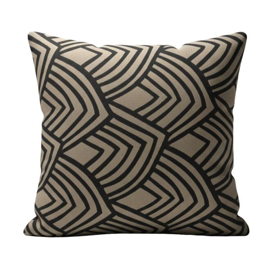 Bronze and black throw pillow with bold art deco fan pattern, modern glam accent cushion for upscale events and lounge décor styling.