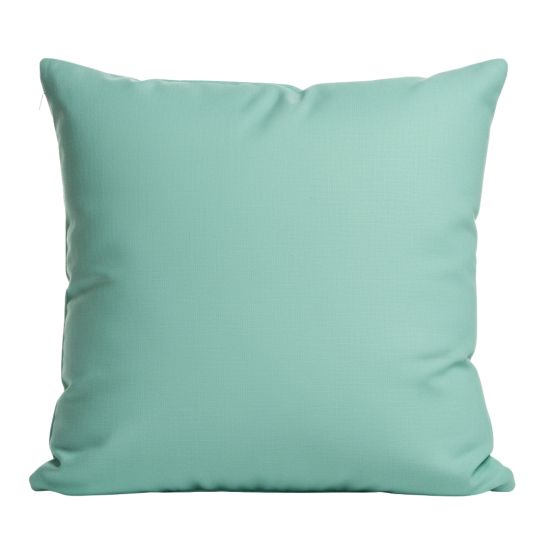 Solid aqua throw pillow with smooth fabric look, bright accent cushion for coastal events, lounges, and modern décor styling.
