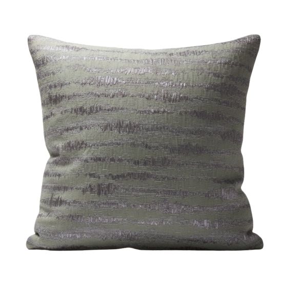 Gray throw pillow with subtle horizontal shimmer stripe texture, modern glam accent cushion for weddings and lounge décor styling.