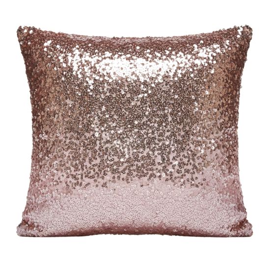 Blush pink sequin throw pillow with sparkling ombré texture, glam accent cushion for weddings, parties, and luxe lounge décor styling.