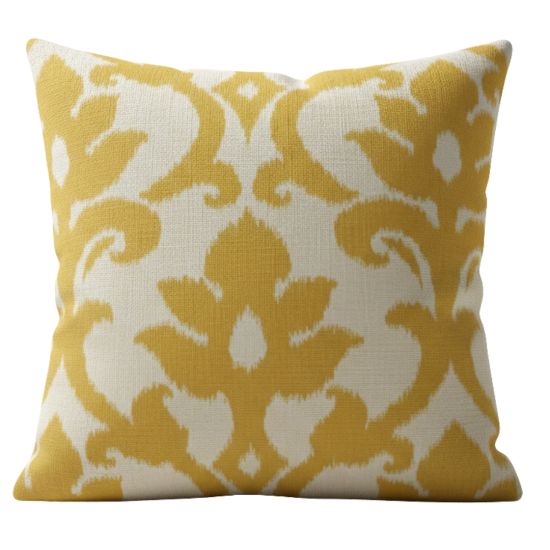 Yellow and white throw pillow with damask-style floral pattern, bright classic accent cushion for weddings and event lounge décor styling.