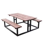 Wood picnic table with attached benches and black aluminum frame, rustic outdoor table rental for events, festivals, and gatherings.