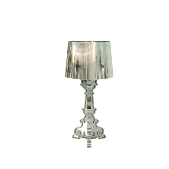 Silver Bourgie-style table lamp with pleated shade and decorative base, elegant accent lighting for event rentals and lounges