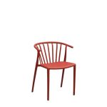 Red Malibu chair with curved slatted back and sleek frame, bold modern seating option for events, patios, and reception dining