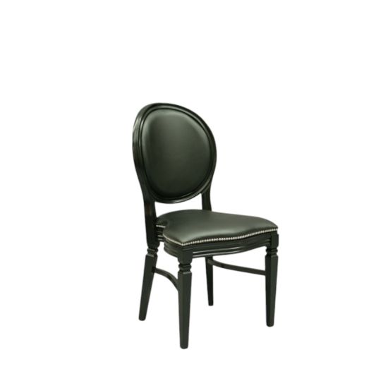 Black Chandelle chair with round back and black cushion seat, elegant event chair for banquet seating, receptions, and lounges