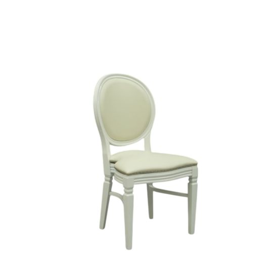 White Chandelle chair with round back and ivory cushion seat, classic banquet seating for weddings, receptions, and event dining