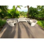 White Onyx metal nesting tables with round tops and sculptural pedestal bases, modern accent tables for weddings and event lounges