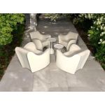 White Onyx metal nesting tables with round tops and sculptural pedestal bases, modern accent tables for weddings and event lounges