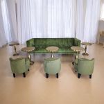 Brass Monaco coffee table with turned pedestal base and mirrored round top, elegant accent table for weddings and event lounges