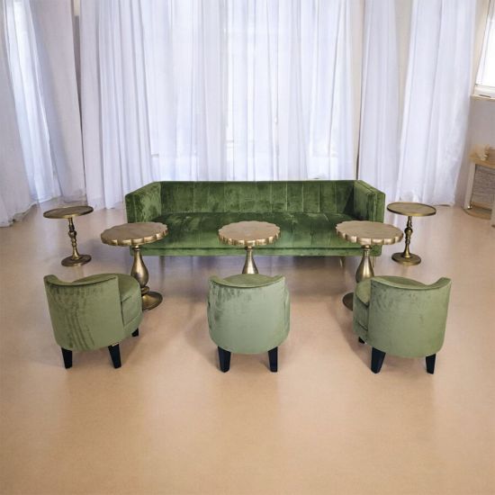 Brass Monaco coffee table with turned pedestal base and mirrored round top, elegant accent table for weddings and event lounges