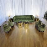 Revell side table with gold-toned cylindrical base, modern accent table for event lounges, cocktail seating, and VIP areas