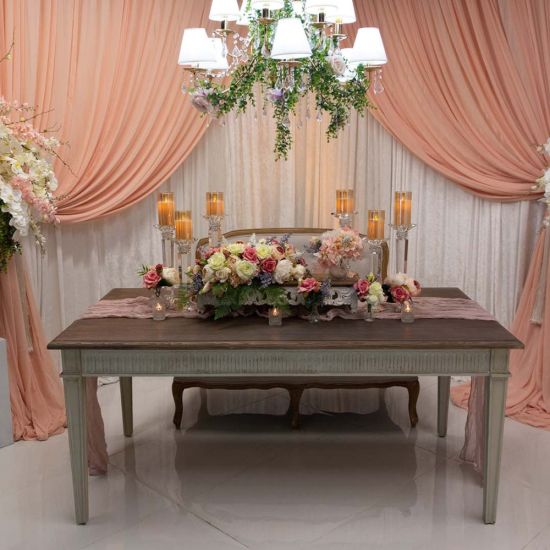 Wood-top Sandstone Willow rectangular dining table with simple legs, warm event dining table for weddings and banquet seating