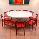 72" Bohemian round dining table with white top and white base, ideal for decorating bohemian-style dining rooms and reception areas.