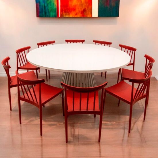 72" Bohemian round dining table with white top and white base, ideal for decorating bohemian-style dining rooms and reception areas.