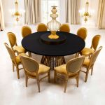 “72″ round Bohemian dining table with black wood top and matching gold base, ideal for modern event dining and reception décor.