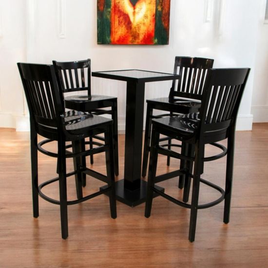 Black Skala bar stool with slatted back and square seat, classic high seating for event bars, lounges, and cocktail receptions