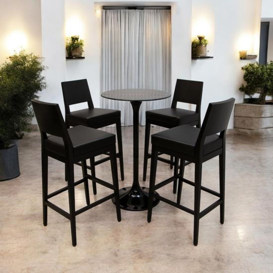 Black Porcino bar stool with straight high back, cushioned Black seat and four-leg frame with footrest, modern event or bar seating.