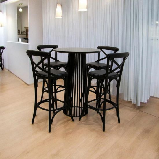 black wood-finish Bohemian high-boy cocktail table with white round top for event rental”