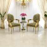 Gold Petale side table with scalloped round top and turned pedestal base, elegant accent table for weddings and event lounges