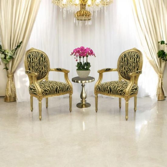 Gold Petale side table with scalloped round top and turned pedestal base, elegant accent table for weddings and event lounges